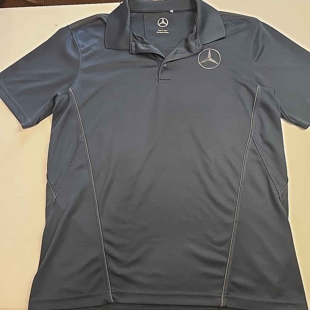 Mercedes Benz Men's Large L Polo Shirt Logo Navy Blue Gray Golf Casual‎